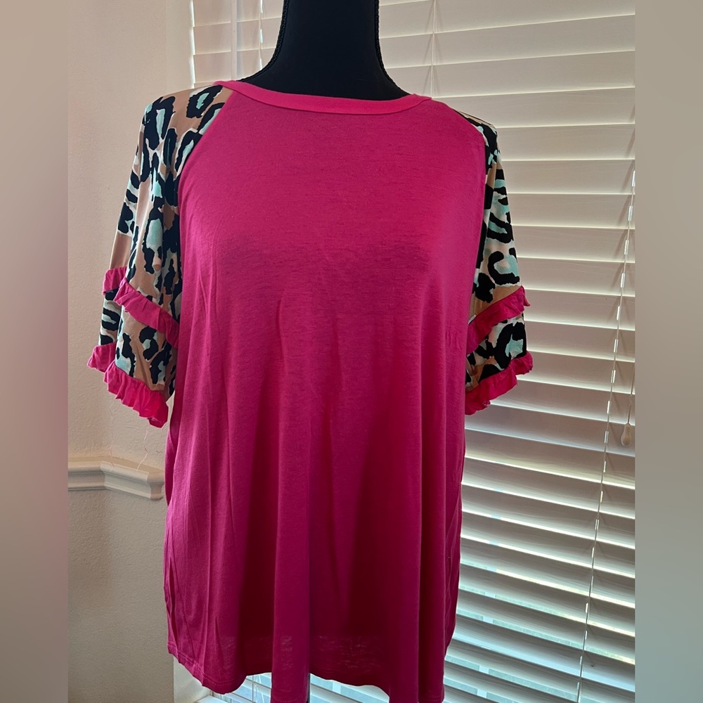Hot Pink and turquoise blouse. Size Small. Oversized fit.